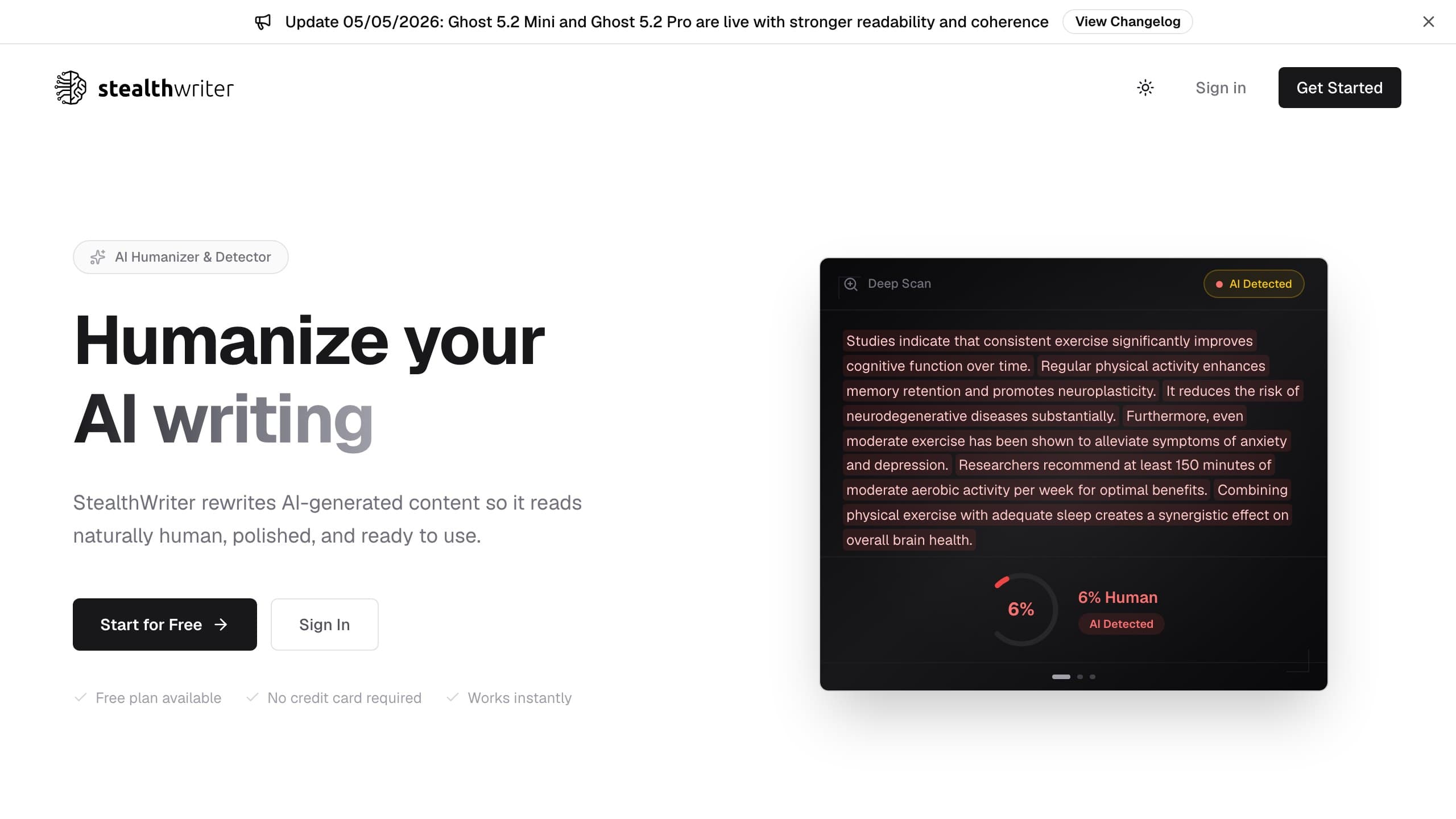 StealthWriter homepage captured June 2026